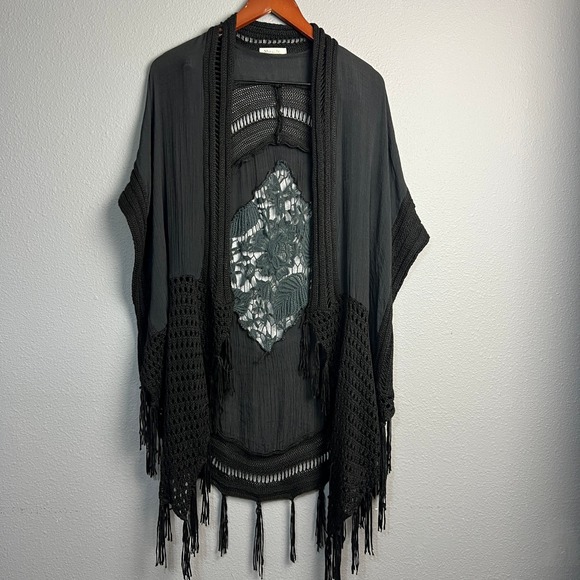 Miracle Black Fringe Crochet Kimono Whimsigoth Fairy Grunge Boho Festival S/M - Picture 1 of 11